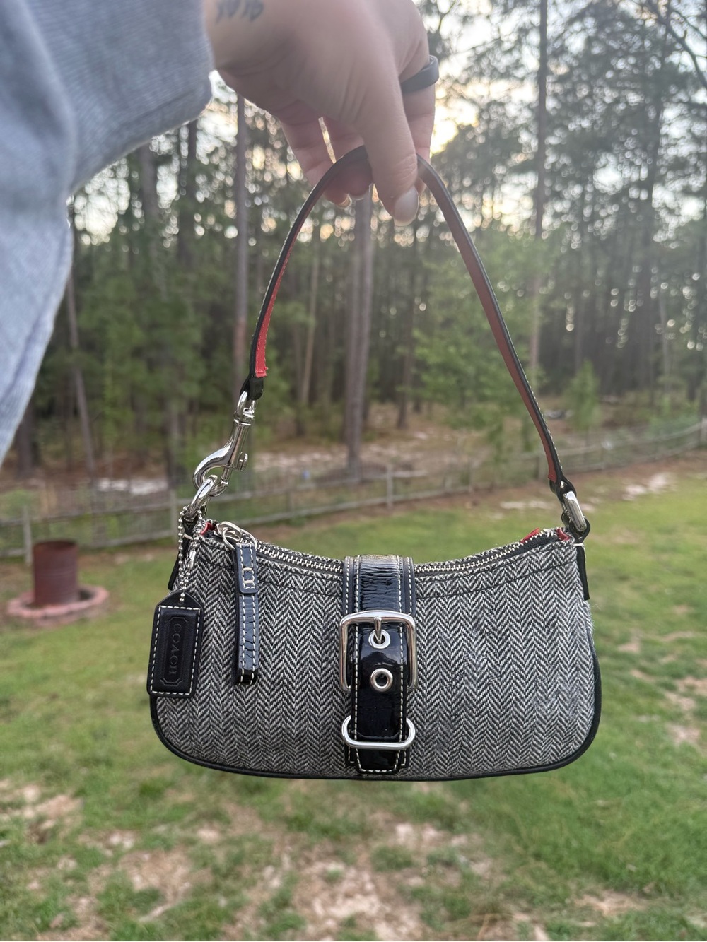 Coach Demi Herringbone Wool & Leather Shoulder Bag